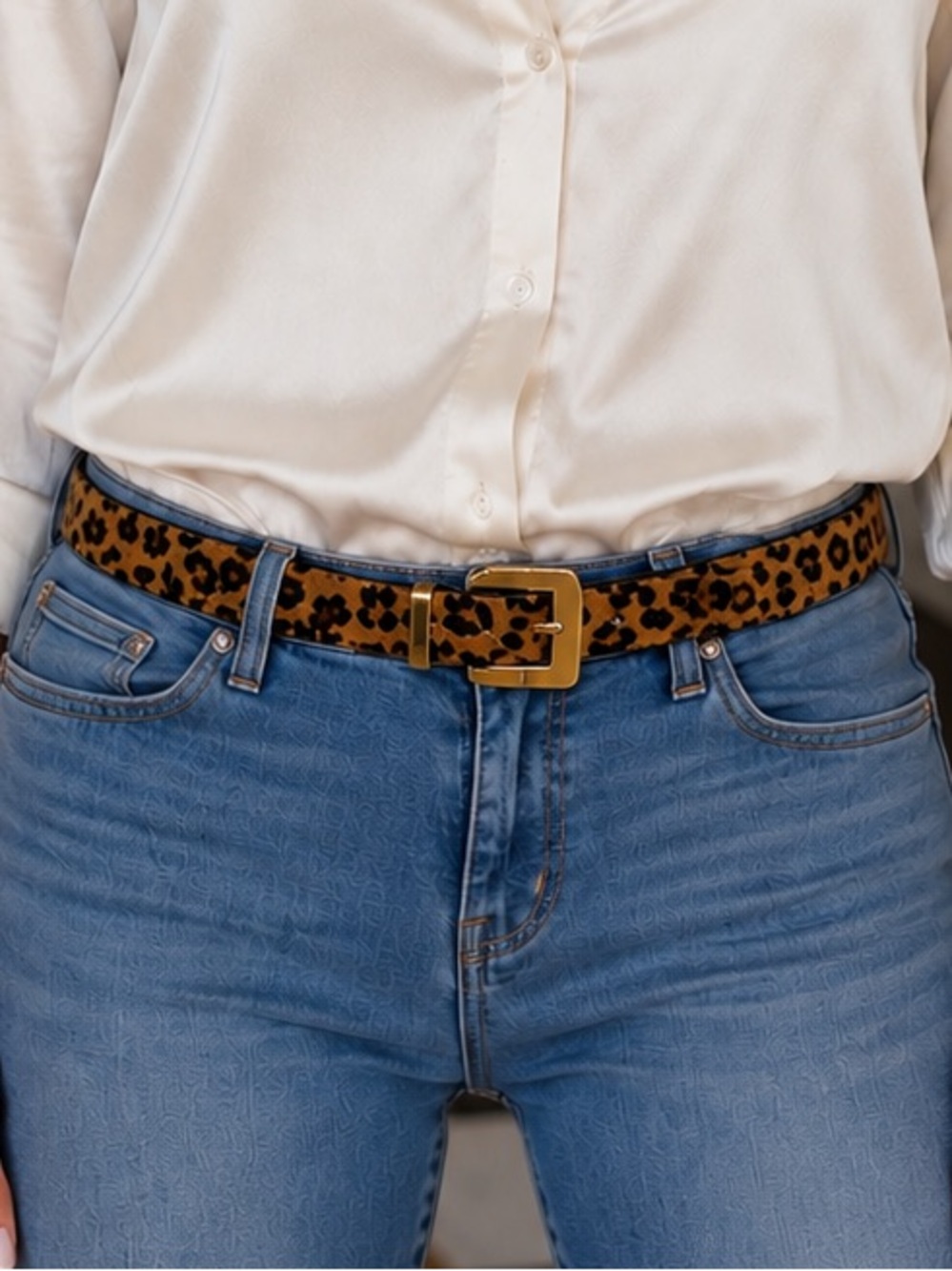 Anne Klein Leopard Print Cow Hair Belt with Gold Buckle